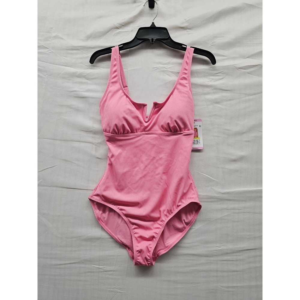 Anne Cole Womens Pink Ribbed Notched V-Neck One Piece Swimsuit UPF 50 ACSO200 S
